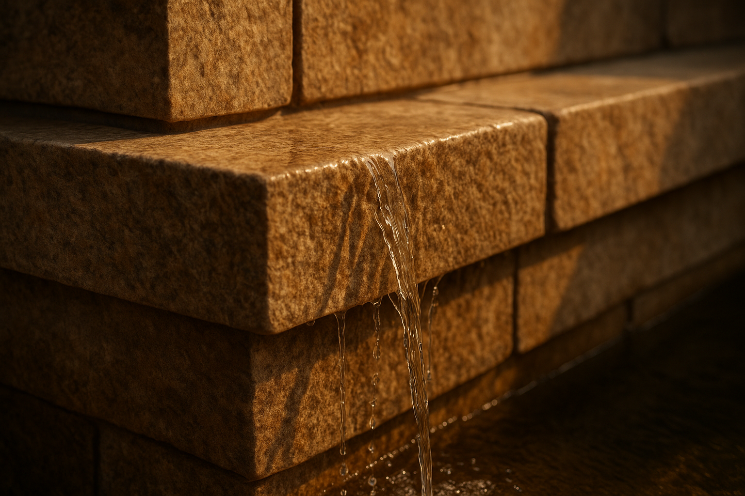 Detail of natural stone with water cascading over it