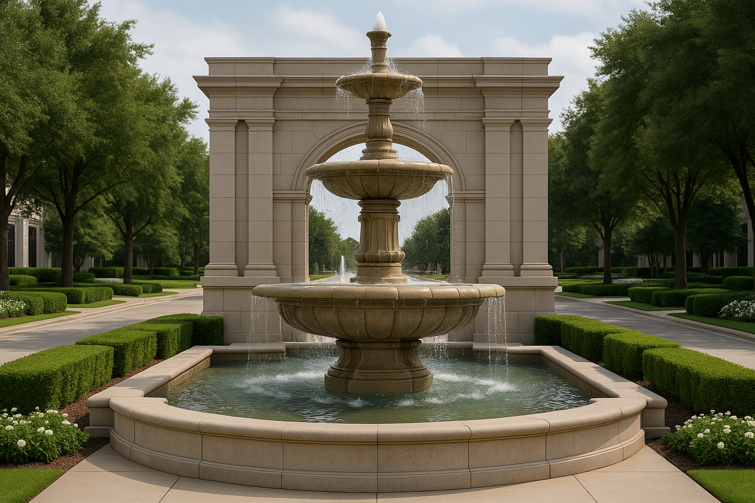 Grand formal fountain at a commercial entrance