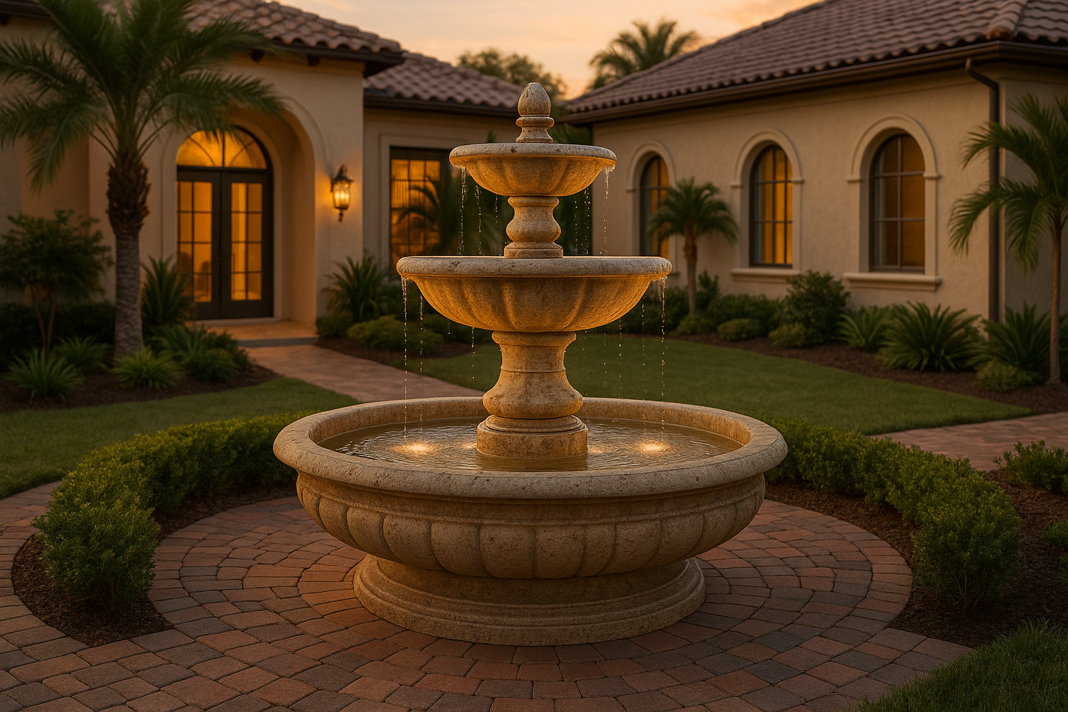 Mid-size elegant backyard stone fountain