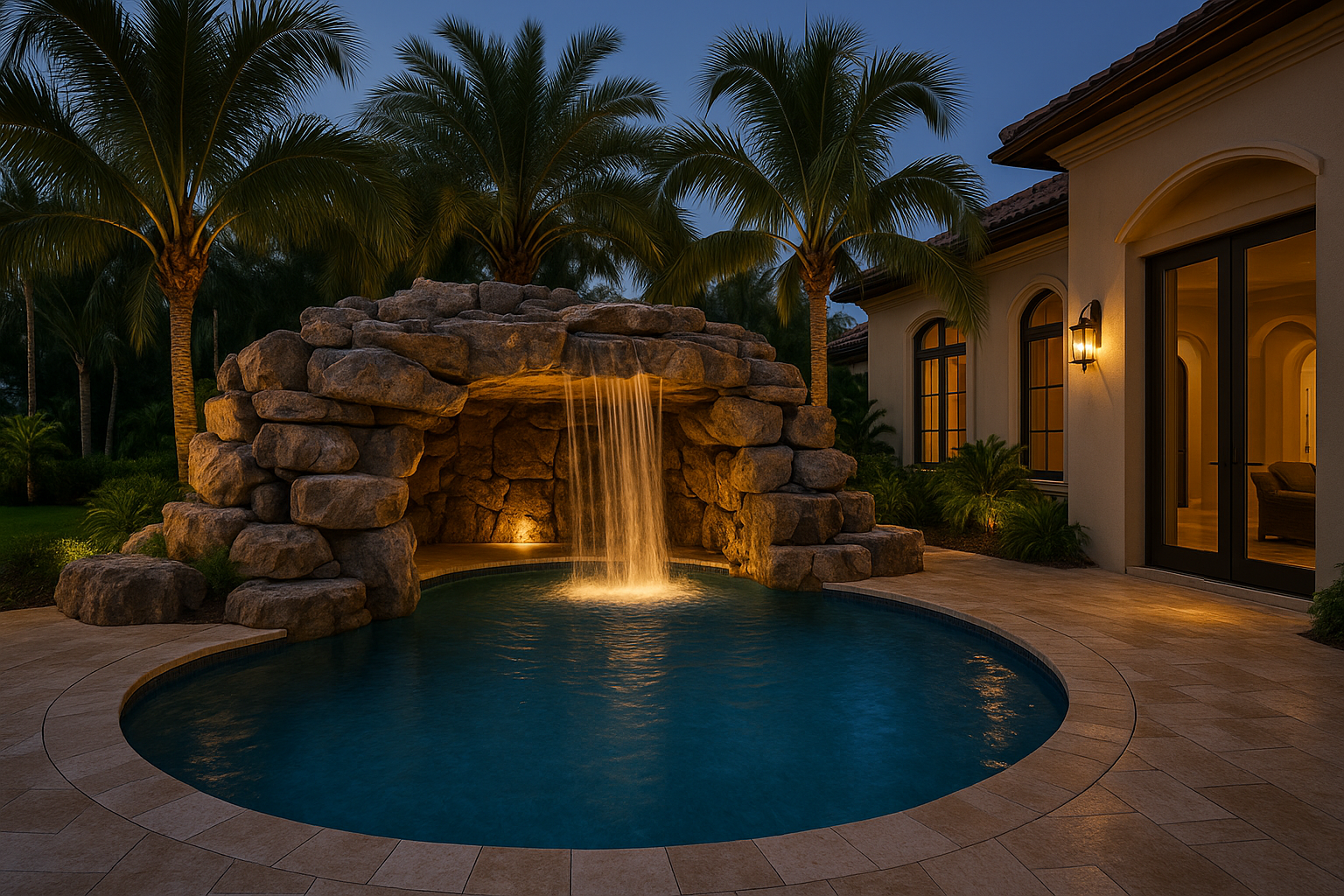 Natural stone waterfall beside a resort-style pool