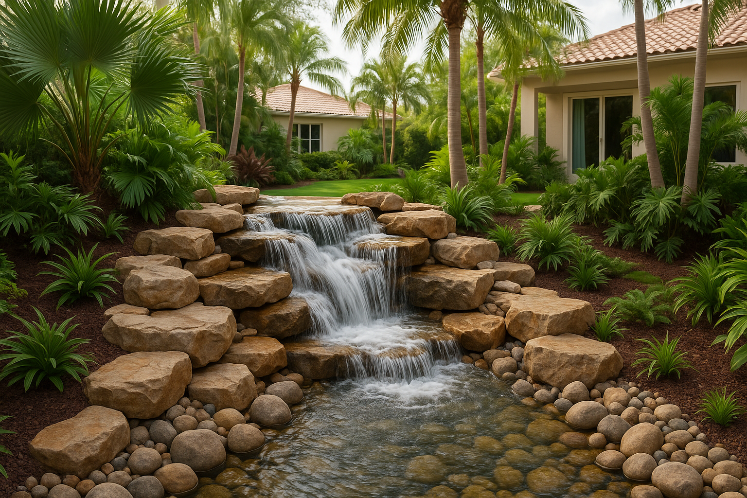 Small pondless waterfall stream over natural stone