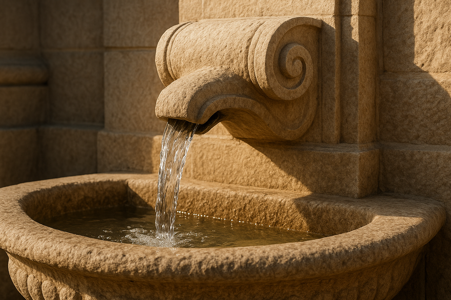 Detail of a stone fountain spout with flowing water