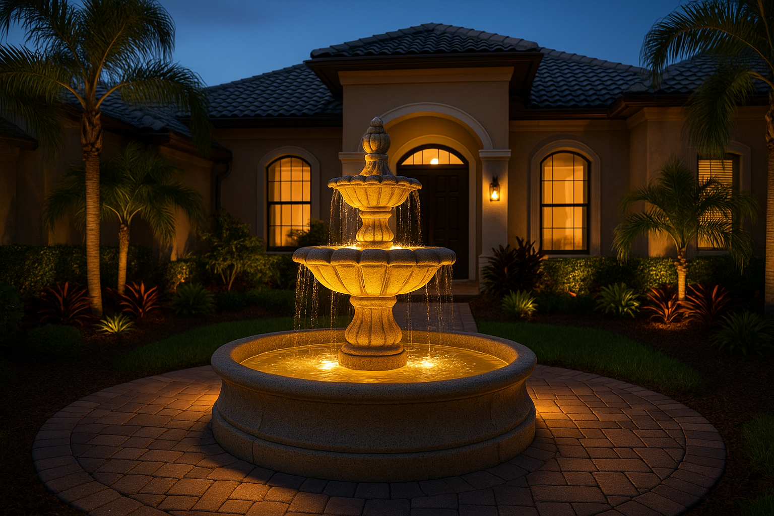 Elegant courtyard fountain at a Trinity, FL home entrance